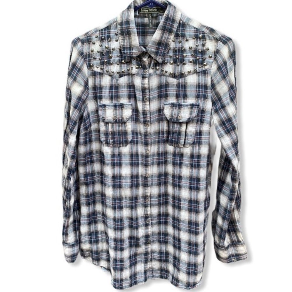 Love Stitch Plaid Western Shirt With Studs